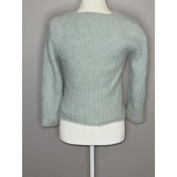 Vtg Express Angora Rabbit Hair Sweater V Neck Y2K Crop Fairy Fuzzy Soft Mint Med - Picture 10 of 13